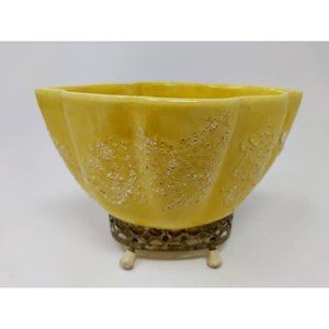 Vintage MCM Mid-Century Modern Yellow Splatter Glaze Vase Planter on Brass Stand